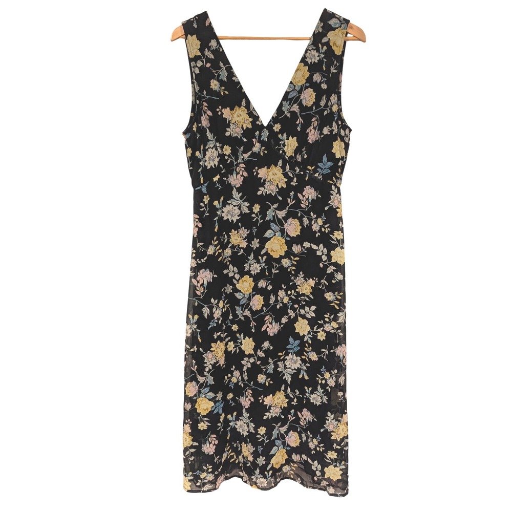 Rokoko Floral Print Dress Sleeveless Midi V Neck Black‎ Yellow Size L